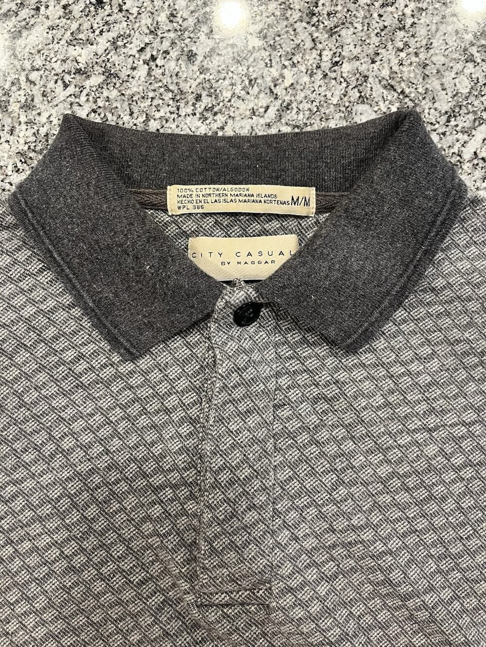 Haggar City Casuals Men's M Gray/Black Geometric Short Sleeve Cotton Polo